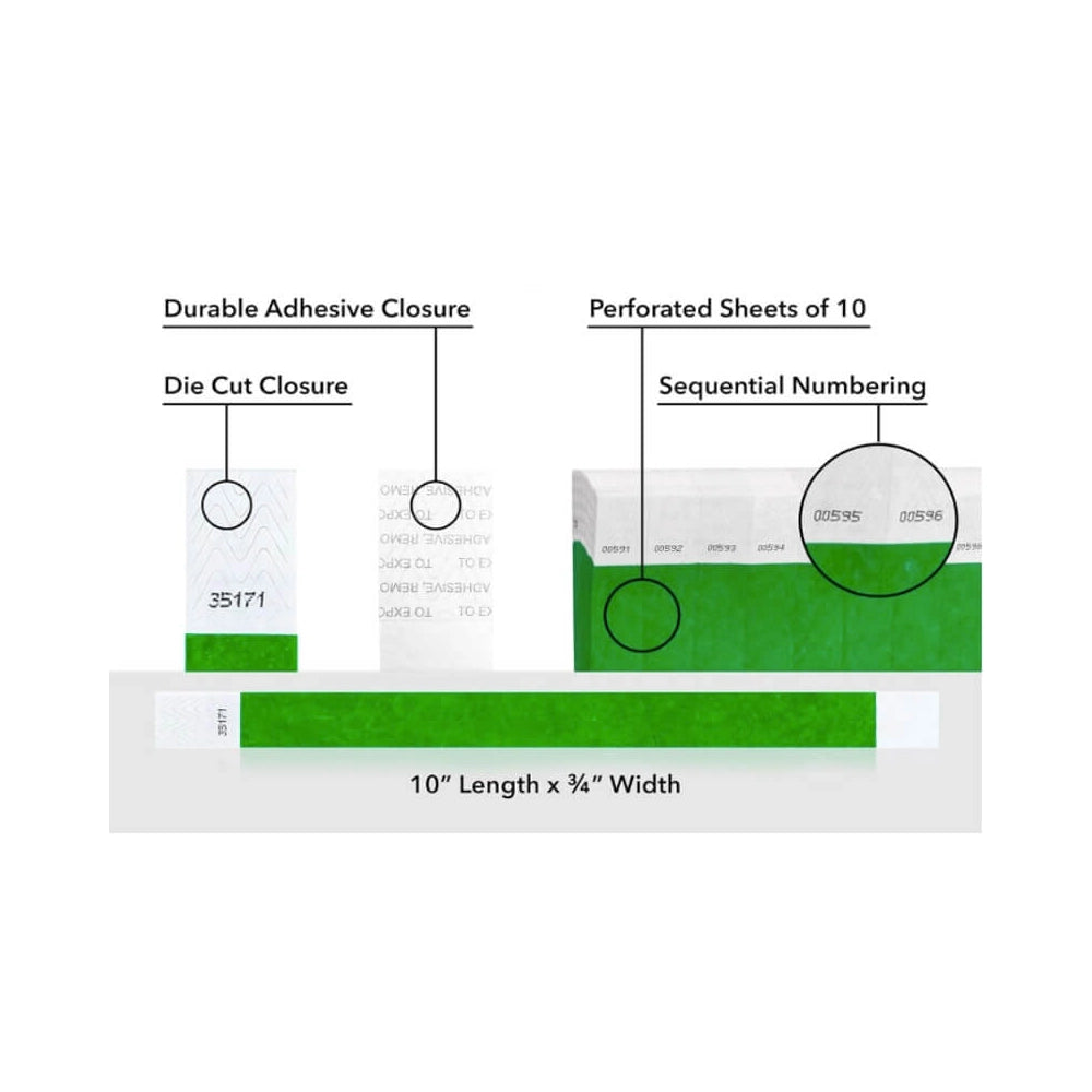 detailed information about product showing a durable die cut adhesive closure, sequential numbering and perforated sheets of 10 on tyvek 3/4" wristbands shown in solid kellygreen 