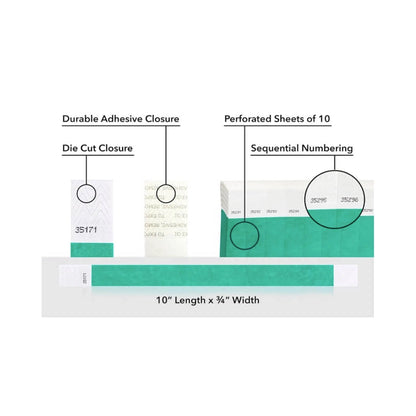 detailed information about product showing a durable die cut adhesive closure, sequential numbering and perforated sheets of 10 on tyvek 3/4" wristbands shown in solid pantone green 