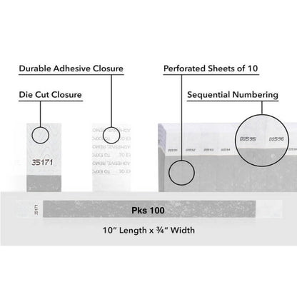 Diagram of packaging features including durable adhesive closure, die cut closure, perforated sheets, sequential numbering, and packaging details.  shown on tyvek 3/4" wristband solid silver pks 100
