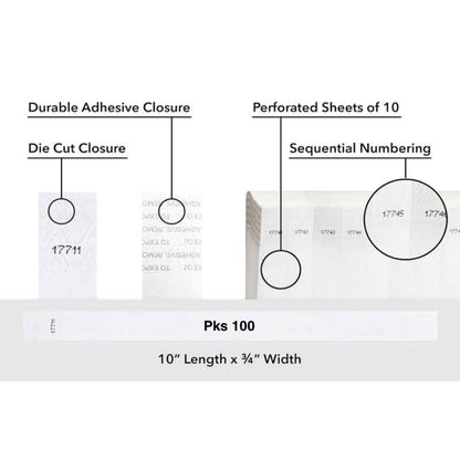 Diagram of packaging features including durable adhesive closure, die cut closure, perforated sheets, sequential numbering, and packaging details.  shown on tyvek 3/4" wristband solid white pks 100