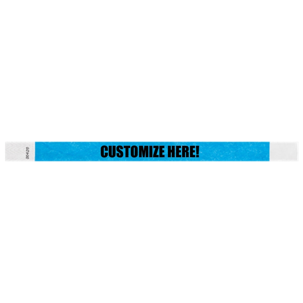 Neon blue tyvek wristband with text "CUSTOMIZE HERE!" - shown in flat