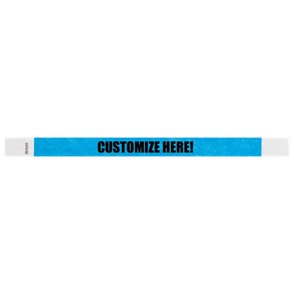 Neon blue tyvek wristband with text "CUSTOMIZE HERE!" - shown in flat