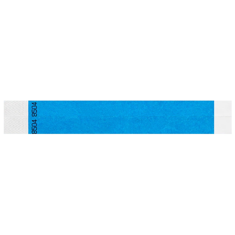 duplicate number sets in neon blue tyvek 3/4" wristbands - shown in flat 