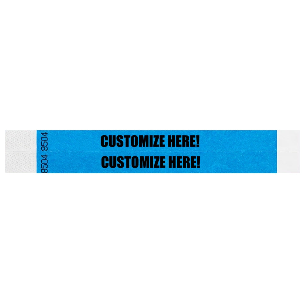 duplicate number sets in neon blue tyvek 3/4" wristbands with text "CUSTOMIZE HERE!" IN BLACK - shown in flat 