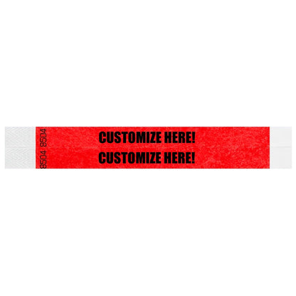 duplicate number sets in neon red tyvek 3/4" wristbands with text "CUSTOMIZE HERE!" IN BLACK - shown in flat 
