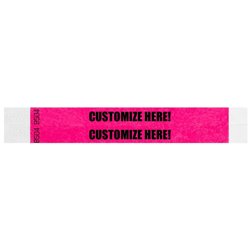 duplicate number sets in neon pink tyvek 3/4" wristbands with text "CUSTOMIZE HERE!" IN BLACK - shown in flat 