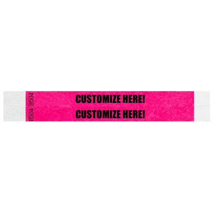 duplicate number sets in neon pink tyvek 3/4" wristbands with text "CUSTOMIZE HERE!" IN BLACK - shown in flat 
