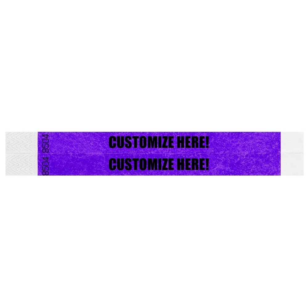 duplicate number sets in purple tyvek 3/4" wristbands with text "CUSTOMIZE HERE!" IN BLACK - shown in flat 