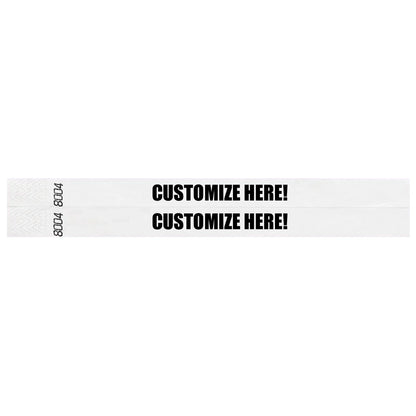 duplicate number sets in white tyvek 3/4" wristbands with text "CUSTOMIZE HERE!" IN BLACK - shown in flat 