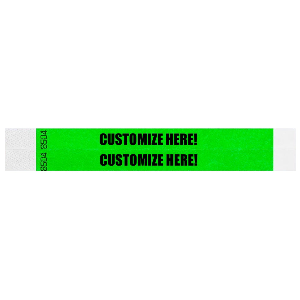 duplicate number sets in neon green tyvek 3/4" wristbands with text "CUSTOMIZE HERE!" IN BLACK - shown in flat 