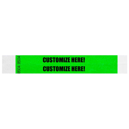 duplicate number sets in neon green tyvek 3/4" wristbands with text "CUSTOMIZE HERE!" IN BLACK - shown in flat 