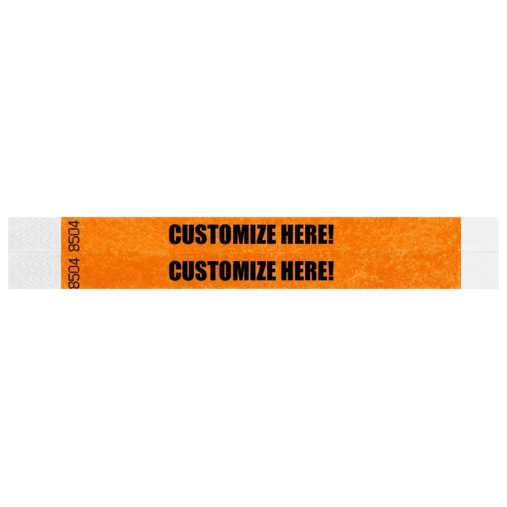 duplicate number sets in neon orange tyvek 3/4" wristbands with text "CUSTOMIZE HERE!" IN BLACK - shown in flat 
