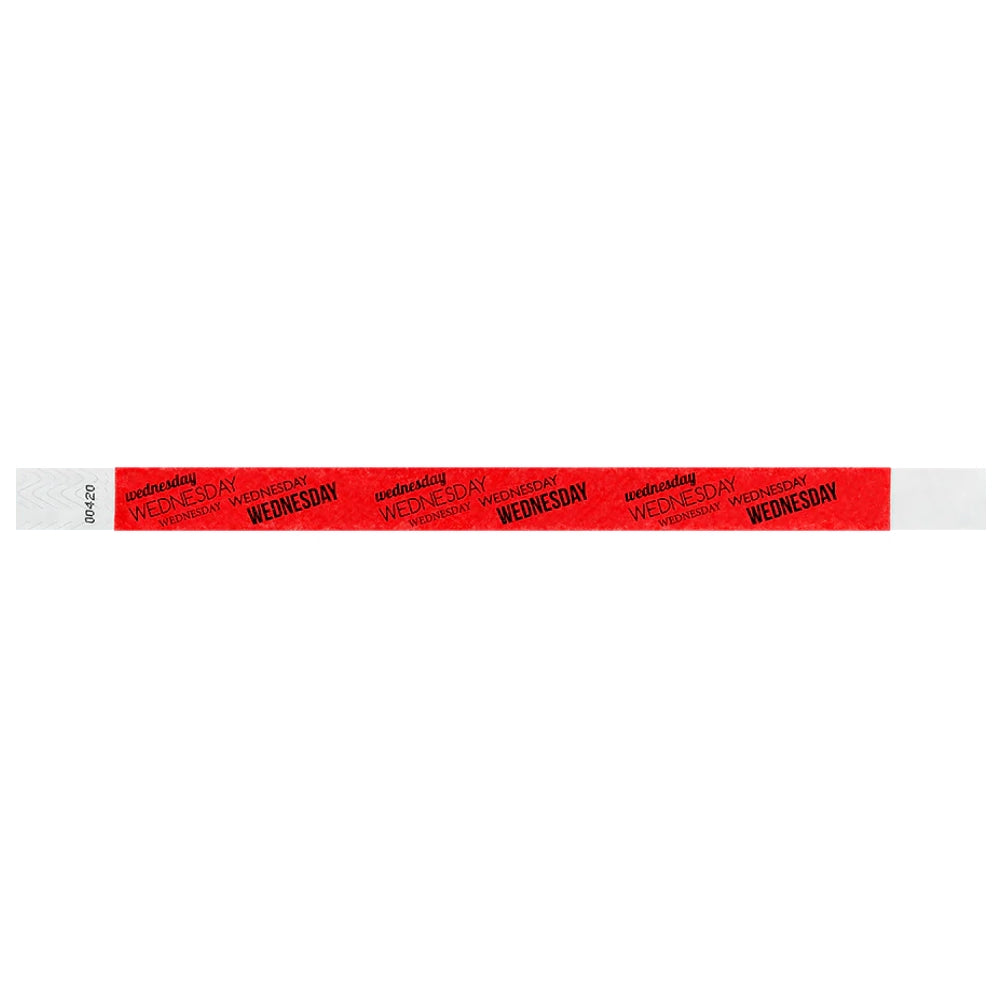 neon red tyvek wristband with wednesday text in black ink - flat version shown