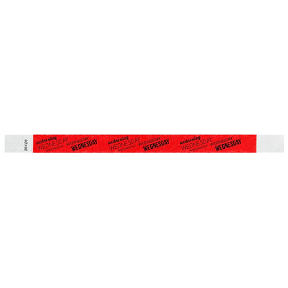 neon red tyvek wristband with wednesday text in black ink - flat version shown