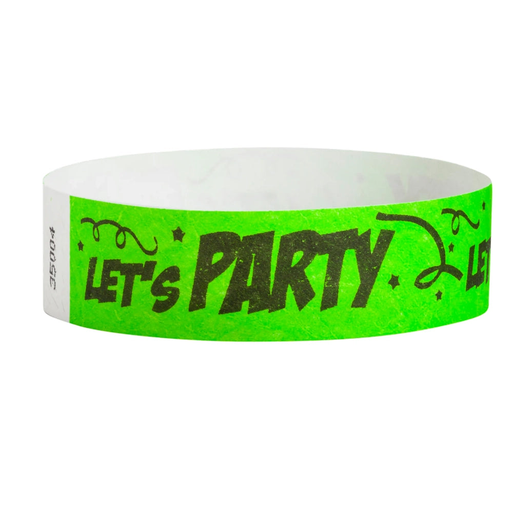 neon Green tyvek wristband with 'Let's Party' text in black - round version shown