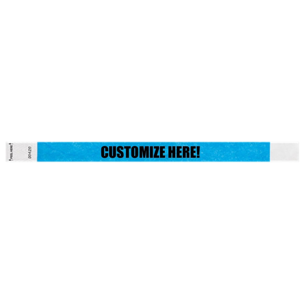 Neon blue litter free tyvek wristband with text "customize here!" in black - shown in flat 