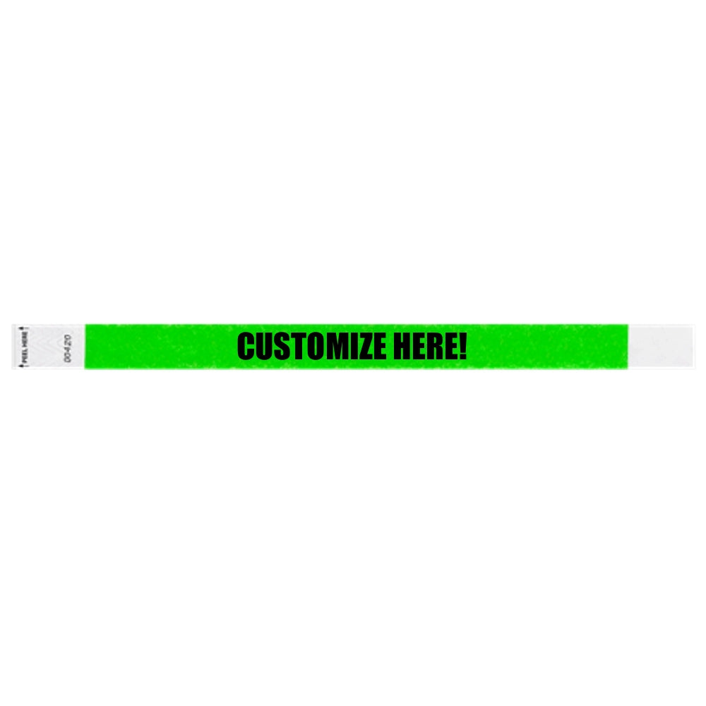 Neon green litter free tyvek wristband with text "customize here!" in black - shown in flat 