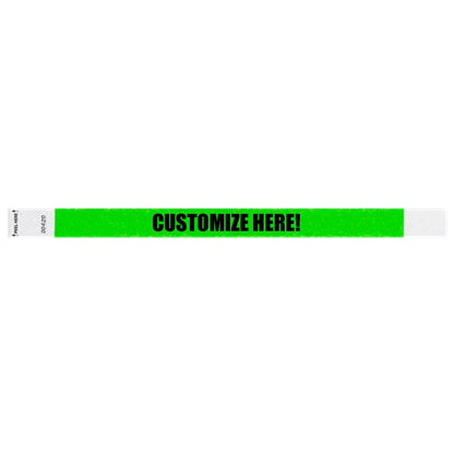 Neon green litter free tyvek wristband with text "customize here!" in black - shown in flat 