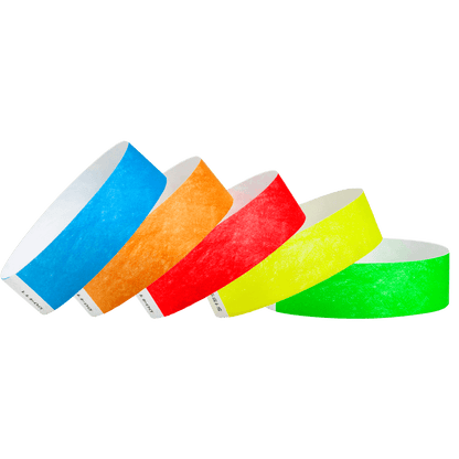 Five packs of 100 tyvek wristbands in neon blue, neon orange, neon red, neon yellow and neon green 