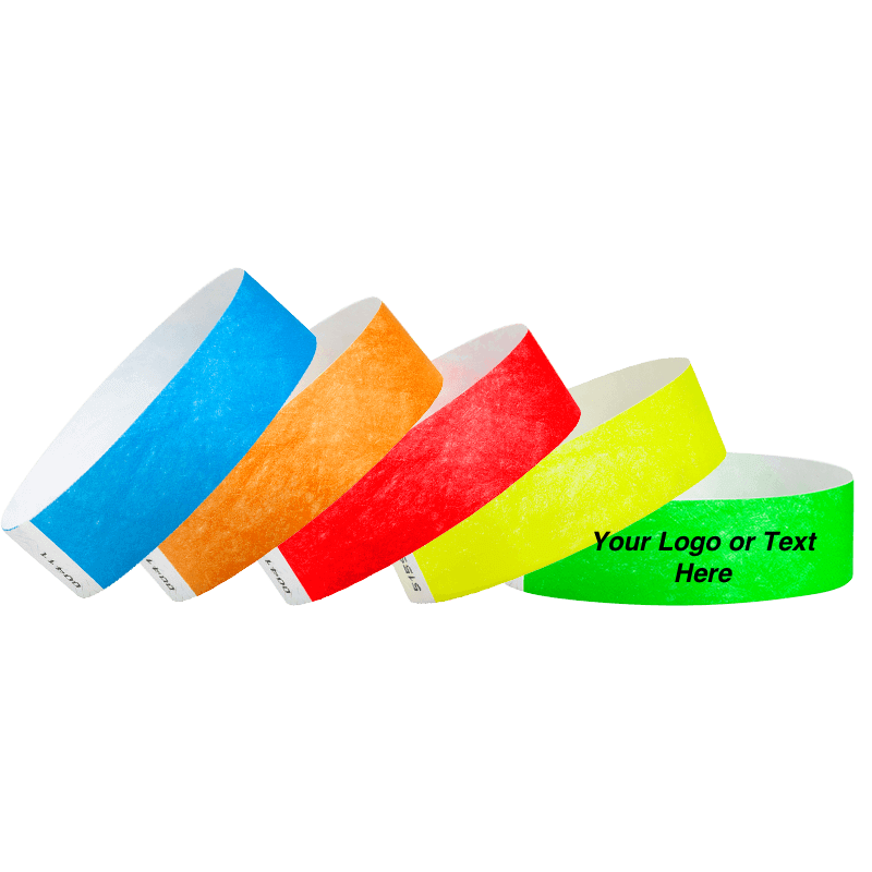 Tyvek3_4MultiColourSolidWristbandCustom - 5 packs of 100 in these colours, neon blue, neon orange, neon red, neon yellow and neon green.