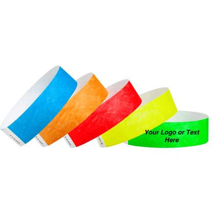 Tyvek3_4MultiColourSolidWristbandCustom - 5 packs of 100 in these colours, neon blue, neon orange, neon red, neon yellow and neon green.