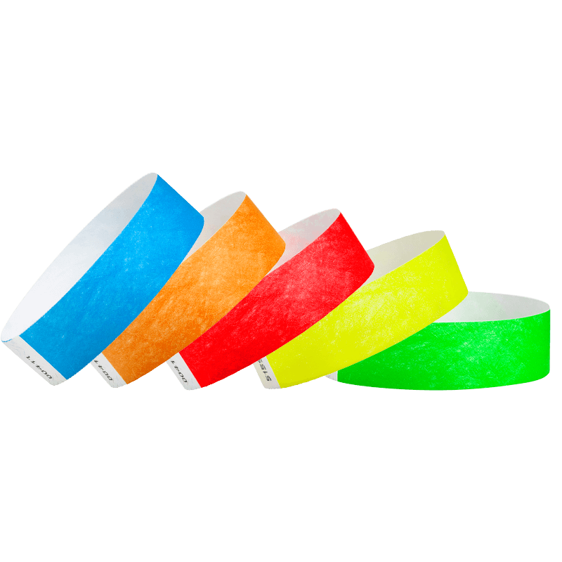 Five packs of 100 tyvek wristbands in neon blue, neon orange, neon red, neon yellow and neon green 