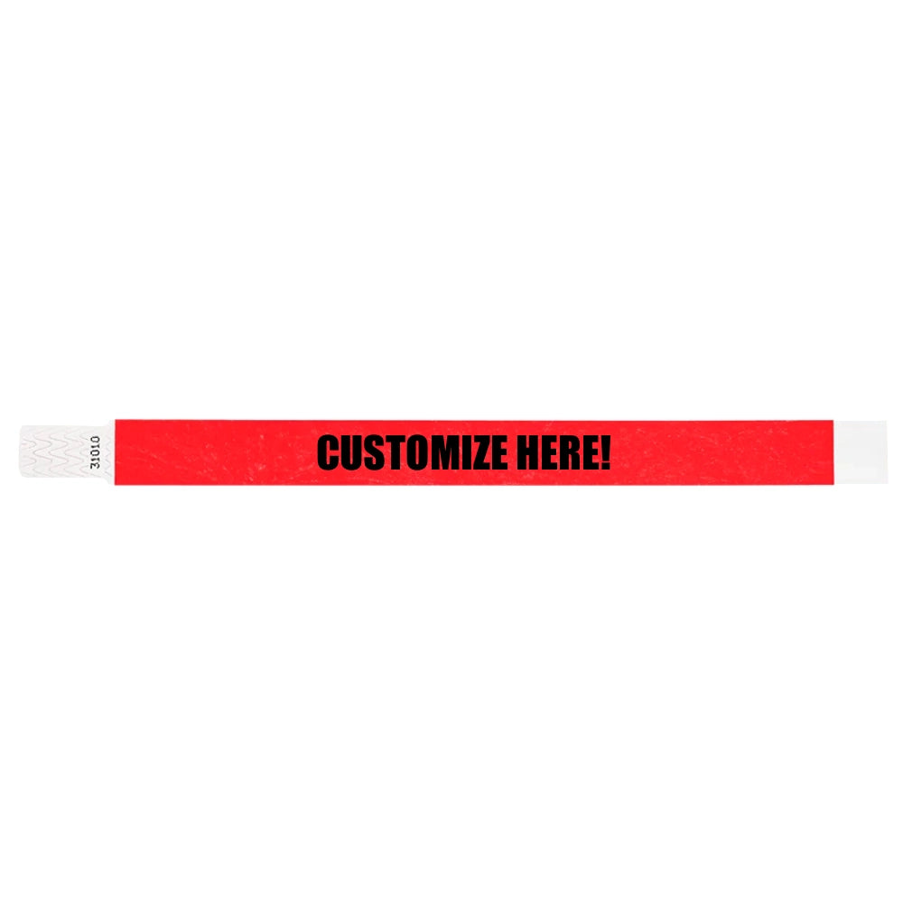 Neon red tyvek qwik fit wristband with text "CUSTOMIZE HERE!" in black - shown in flat 