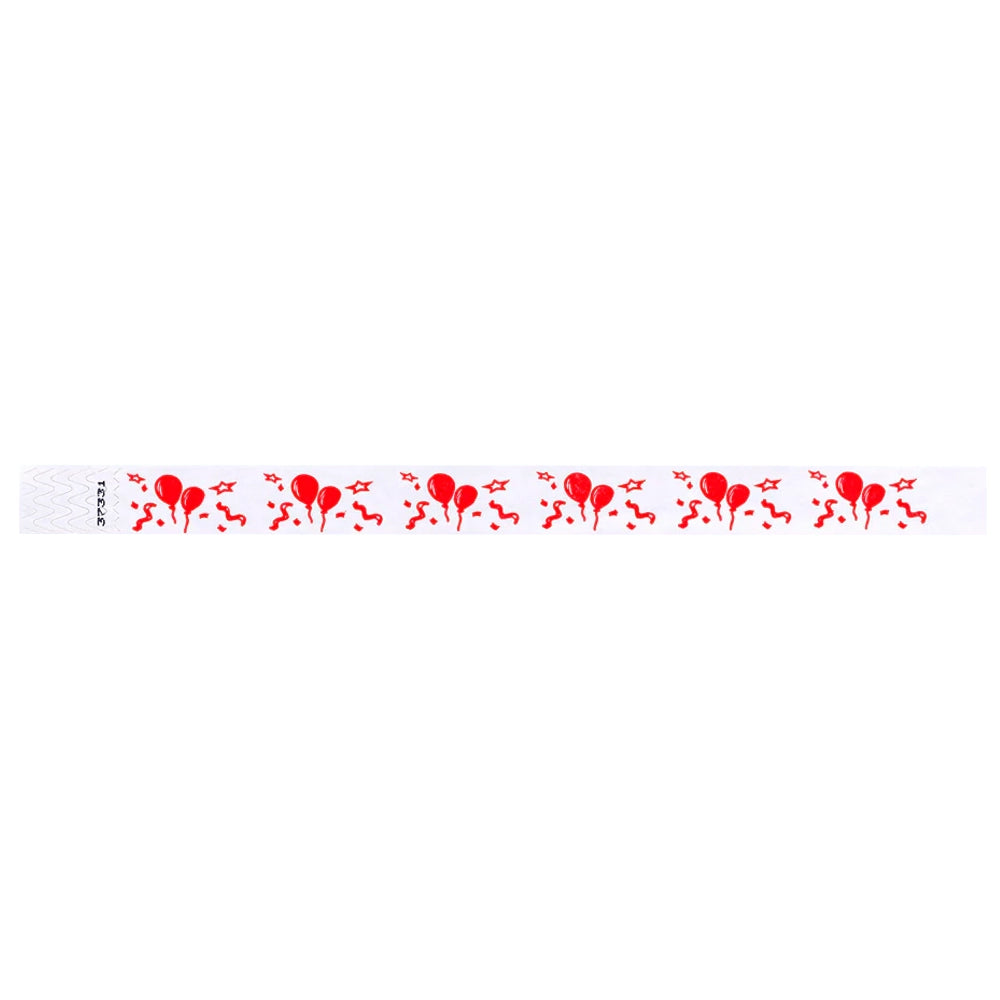 White tyvek wristband with red balloon and star pattern - round version shown