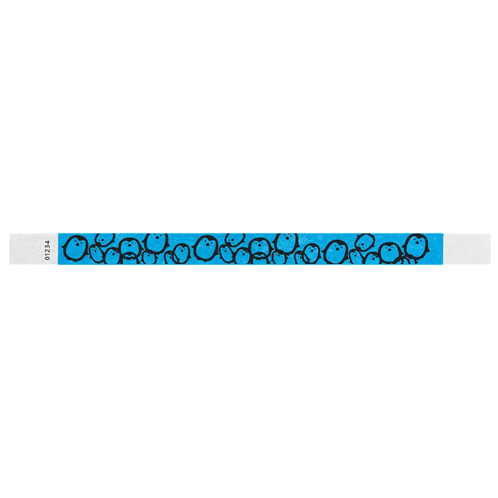 neon blue tyvek wristband with black penguin pattern