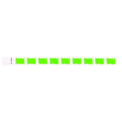White tyvek wristband with neon green starburst pattern - shown in flat 