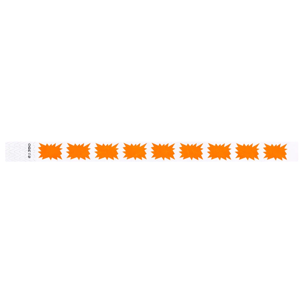 White tyvek wristband with neon orange starburst pattern - shown in flat 