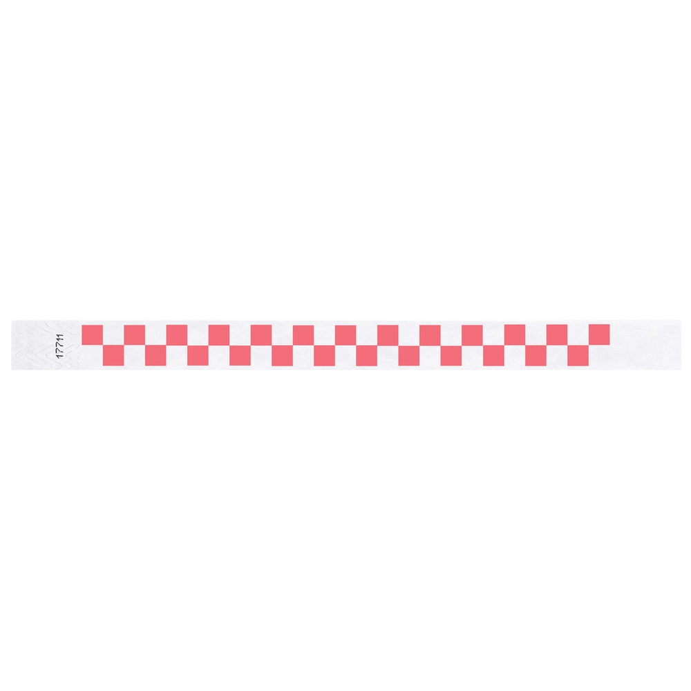White tyvek wristband with coral red checkerboard pattern - flat version shown