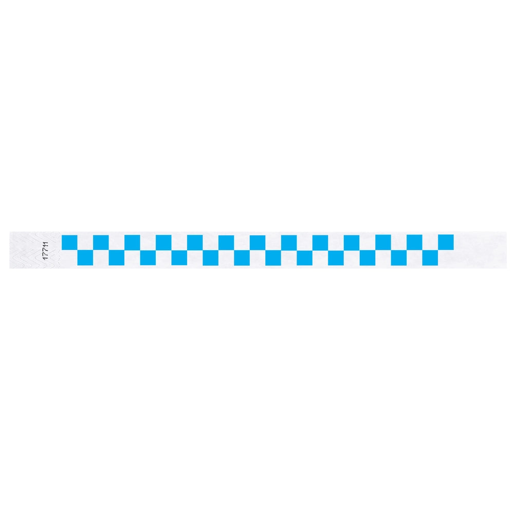 White tyvek wristband with neon blue checkerboard pattern - fla version shown