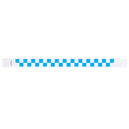White tyvek wristband with neon blue checkerboard pattern - fla version shown