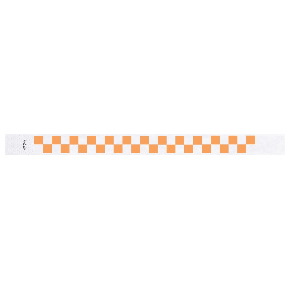 White tyvek wristband with neon orange checkerboard pattern - flat version shown