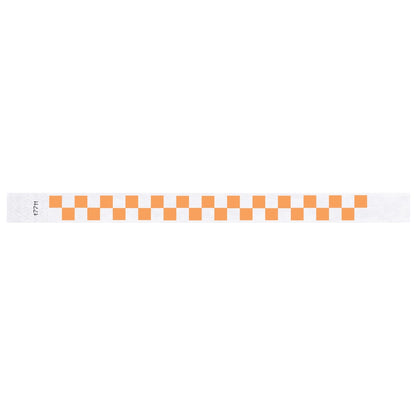 White tyvek wristband with neon orange checkerboard pattern - flat version shown