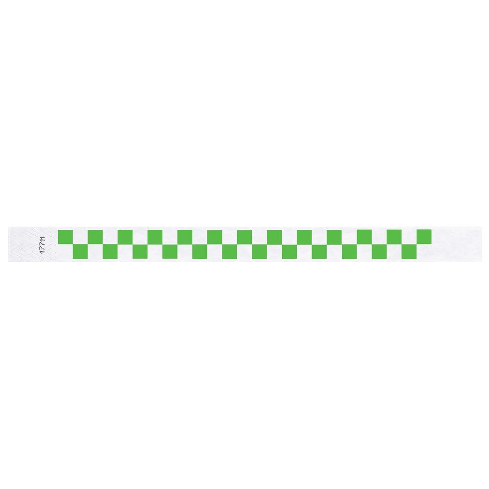 White tyvek wristband with neon green checkerboard pattern - flat version shown