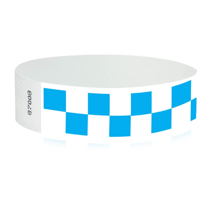 White tyvek wristband with neon blue checkerboard pattern - round version shown