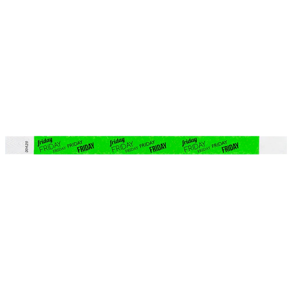 neon green tyvek wristband with friday text in black ink repeated