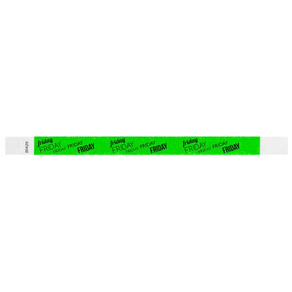 neon green tyvek wristband with friday text in black ink repeated