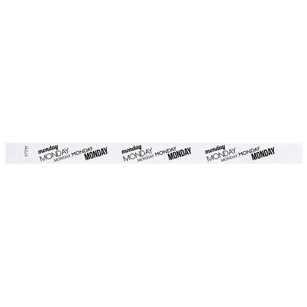 white tyvek wristband with monday  text in black ink repeated