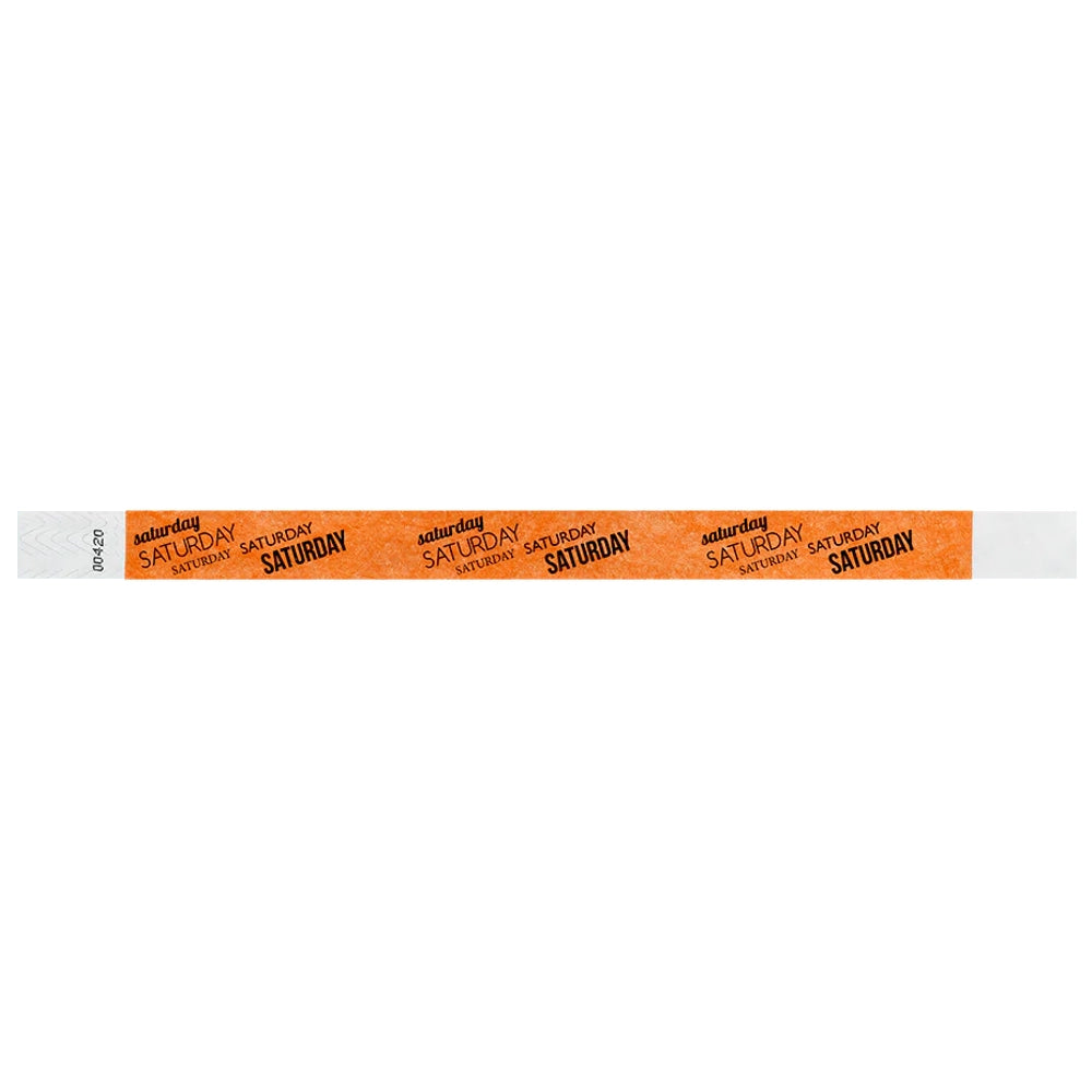 neon orange tyvek wristband with saturday  text in black ink repeated