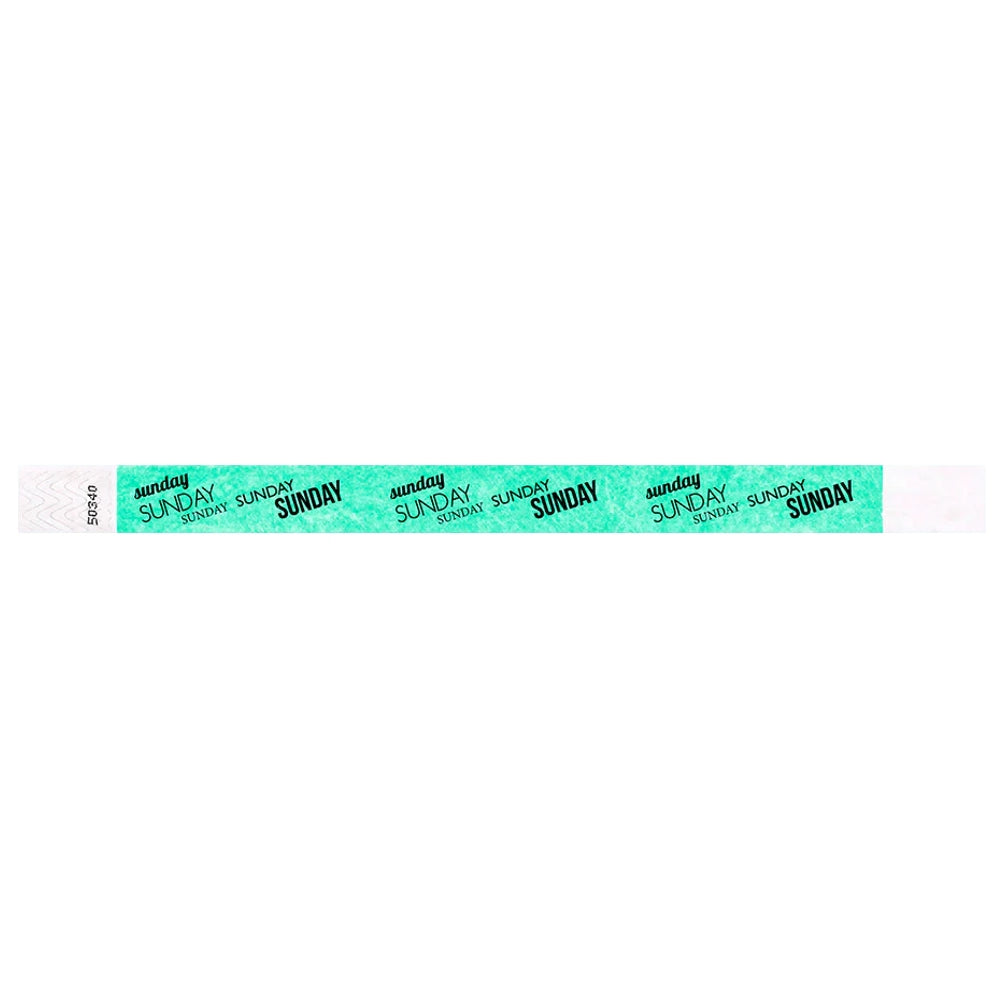 aqua tyvek wristband with sunday text in black ink repeated
