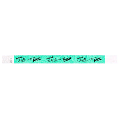 aqua tyvek wristband with sunday text in black ink - flat version shown