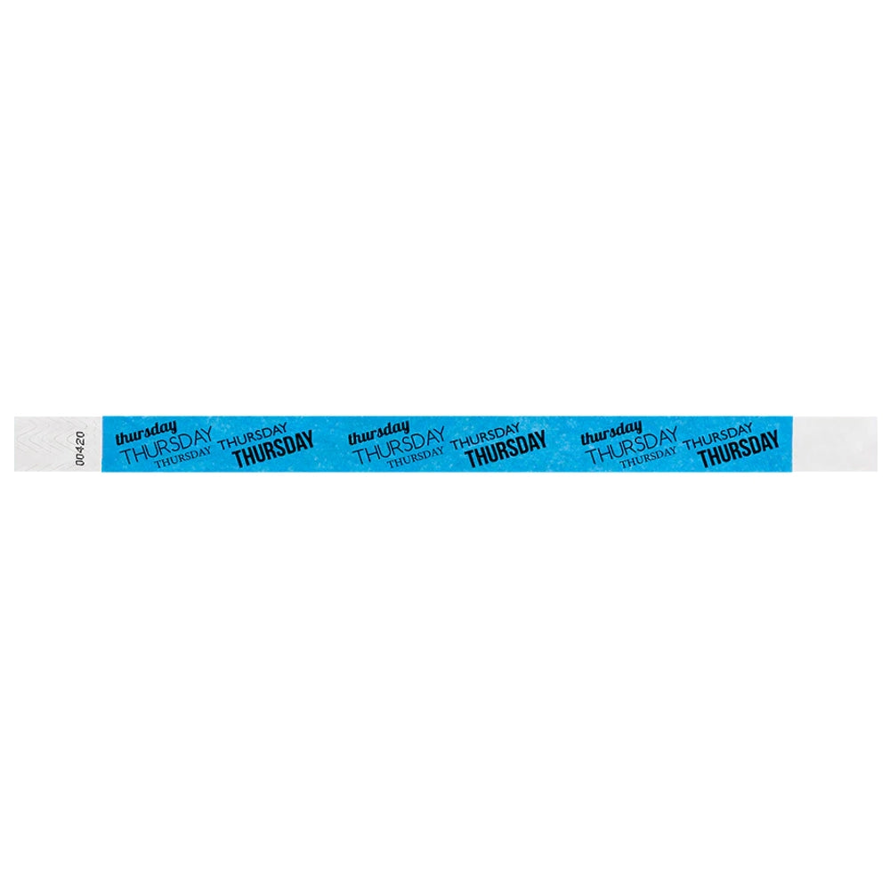 neon blue tyvek wristband with thursday  text in black ink - flat version shown