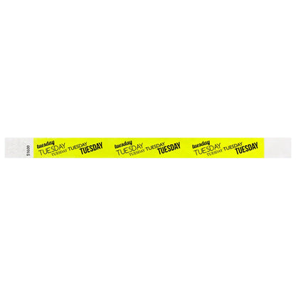 neon yellow tyvek wristband with tuesday text in black ink - flat version shown