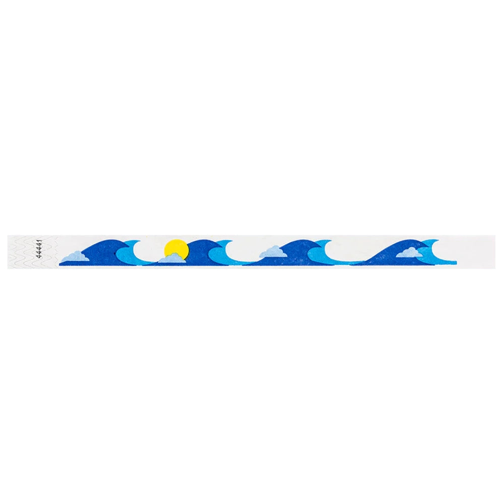 White tyvek wristband with blue wave and yellow sun design - flat version shown