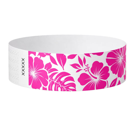 Tyvek 3/4 wristband in white with pink flowers printed on the band - shown in round 