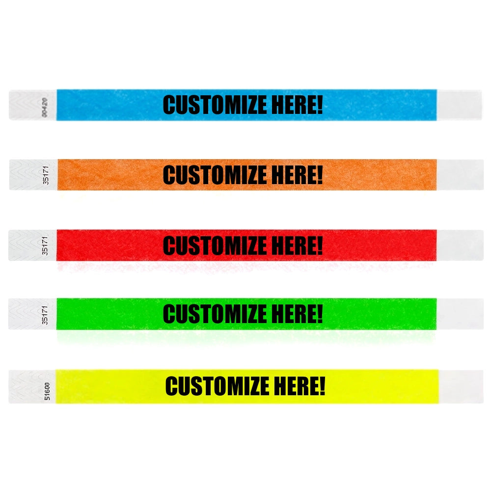 5 wristbands - Neon blue, neon orange,  neon red, neon green and neon yellow  tyvek wristband with text "CUSTOMIZE HERE!" - shown in flat