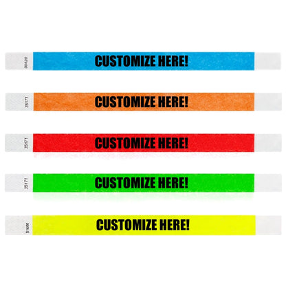 5 wristbands - Neon blue, neon orange,  neon red, neon green and neon yellow  tyvek wristband with text "CUSTOMIZE HERE!" - shown in flat